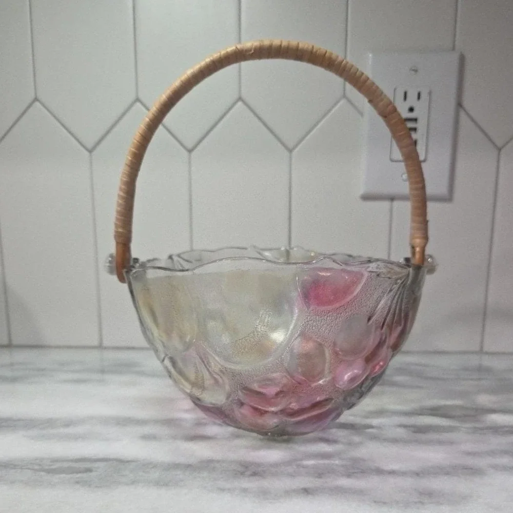Home Interiors Multicolor Garden Themed Glass Basket Vintage Rattan Handle Decor
